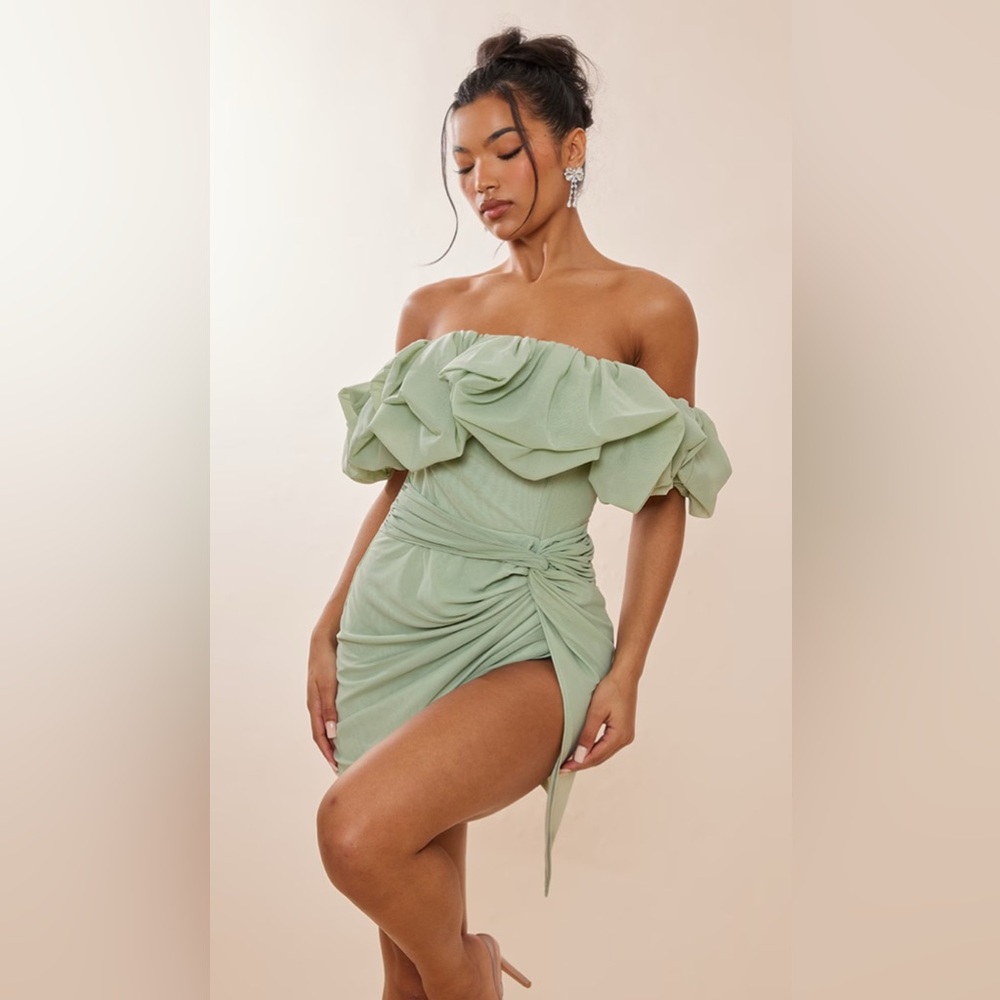 SAGE GREEN MESH PUFF DETAIL CORSET BODYCON DRESS